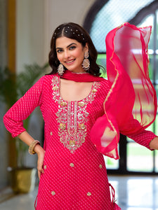 Divena Pink Leheriya Print Georgette Fabric Straight Kurta & Trouser with Dupatta