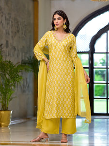 Divena Yellow Printed Muslin Straight Kurta & Trouser with Dupatta