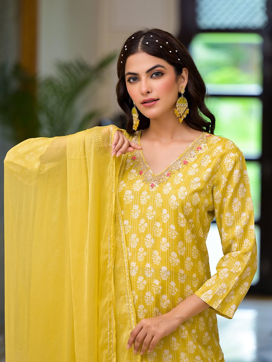 Divena Yellow Printed Muslin Straight Kurta & Trouser with Dupatta