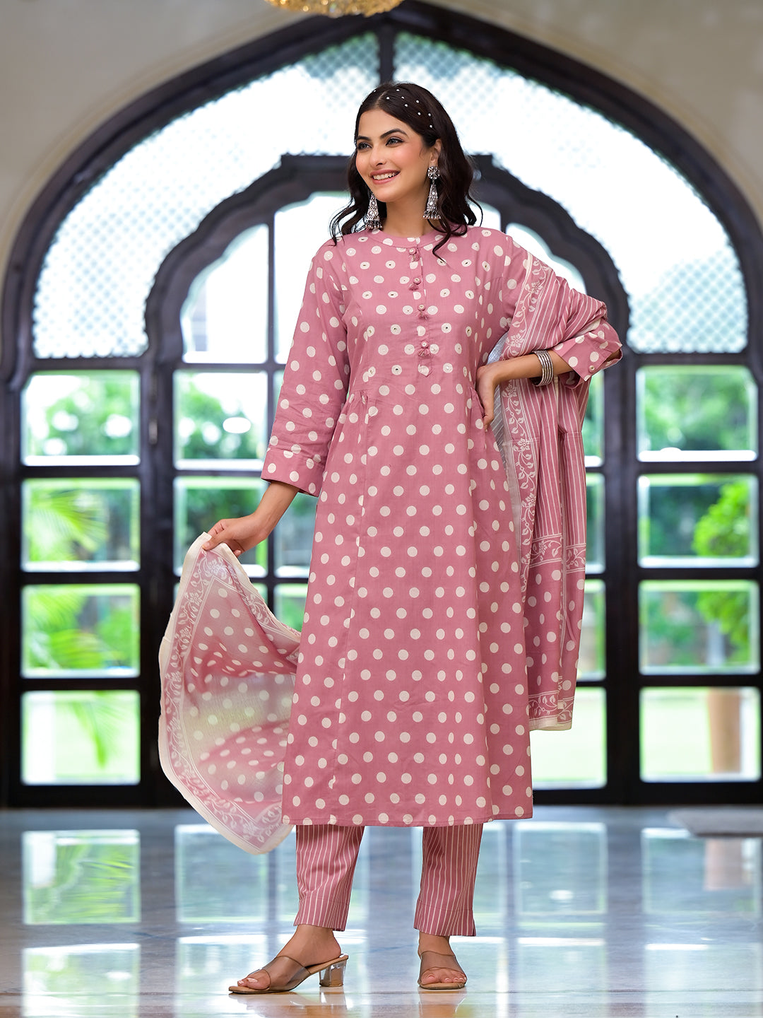 Divena Light Pink Printed Pure Cotton Straight Kurta & Trouser with Dupatta