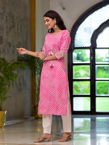 Divena Pink Leheriya Print Embroidered Pure Cotton Straight Kurta