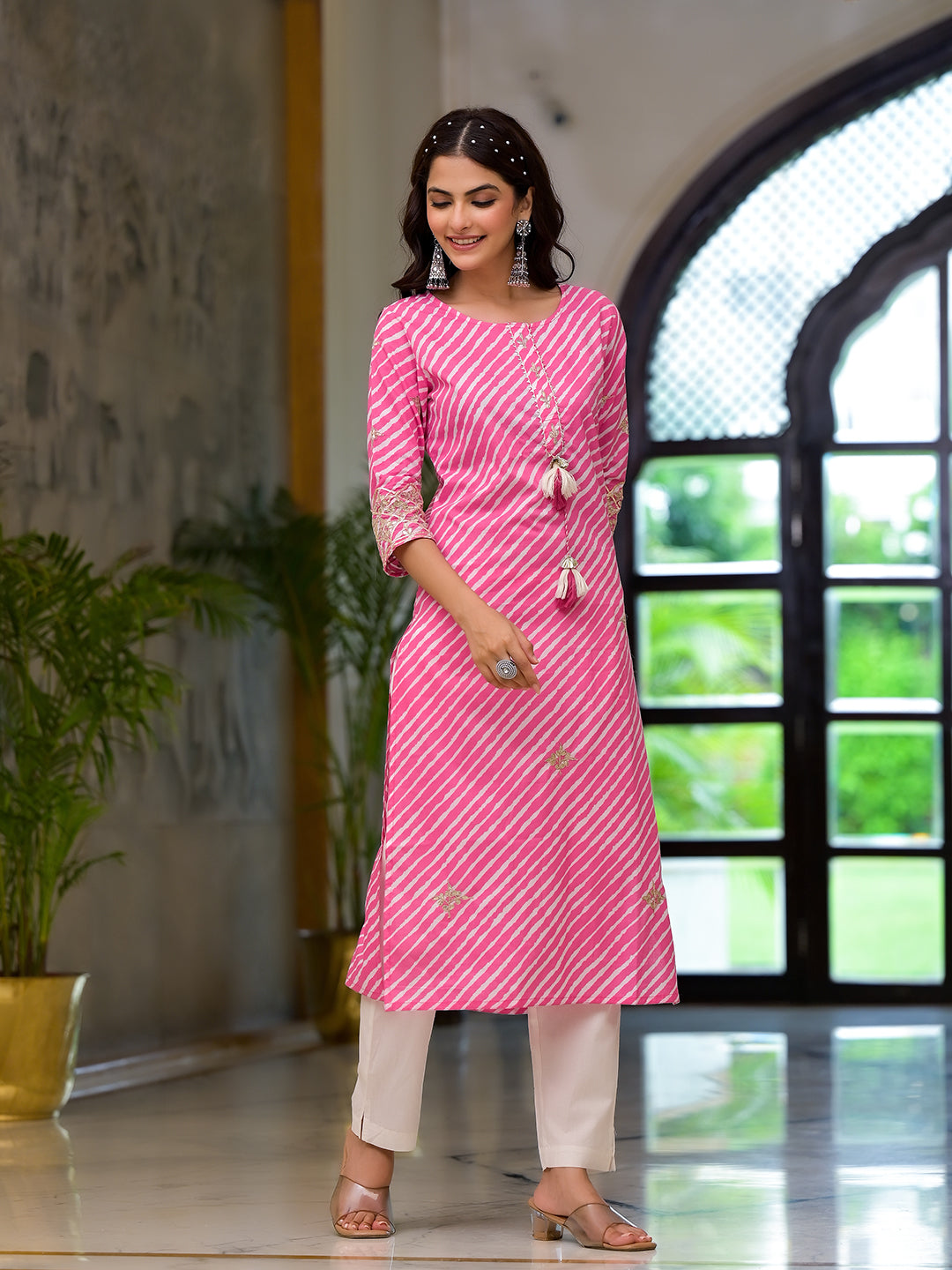 Pink Leheriya Print Embroidered Pure Cotton Straight Kurta — view 1
