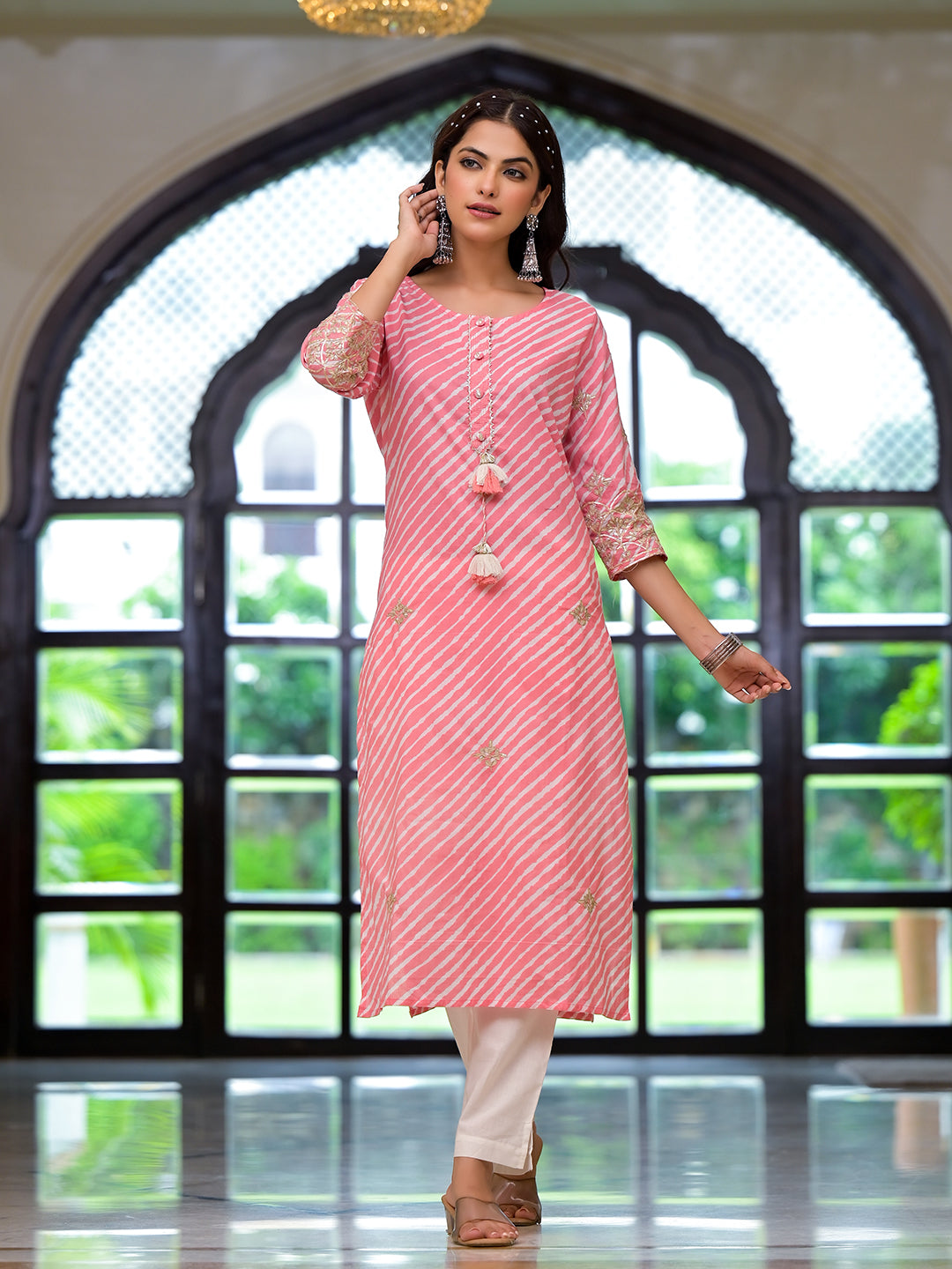 Peach Leheriya Print Embroidered Pure Cotton Straight Kurta — view 1