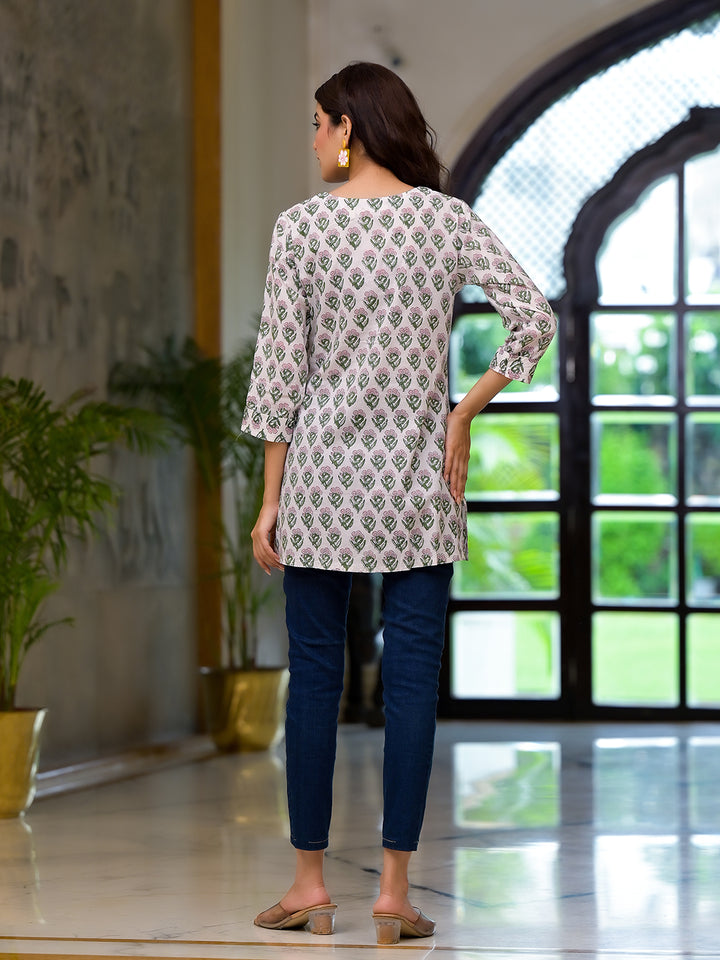 Divena White Floral Print Pure Cotton A-line Top