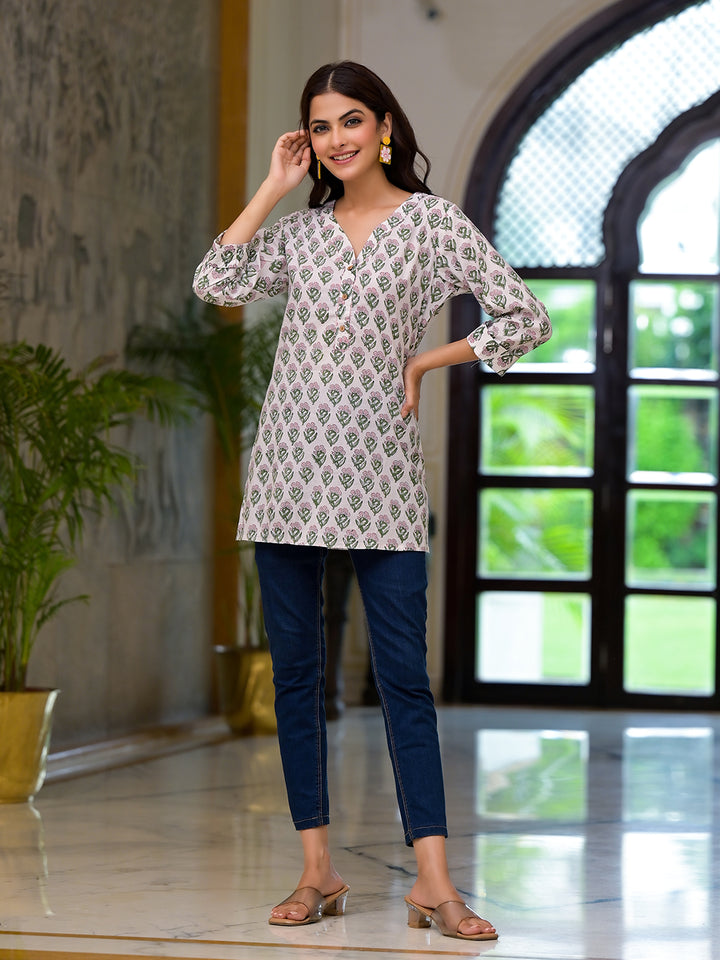 Divena White Floral Print Pure Cotton A-line Top