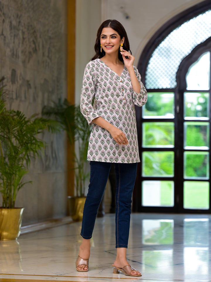 Divena White Floral Print Pure Cotton A-line Top