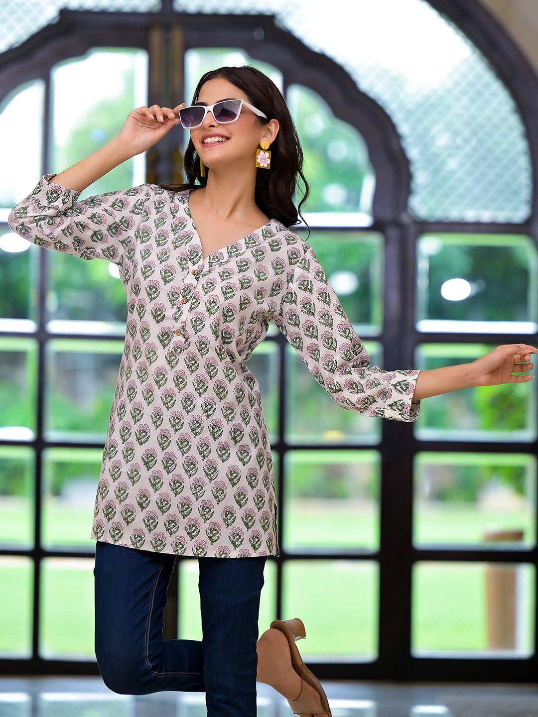 Divena White Floral Print Pure Cotton A-line Top
