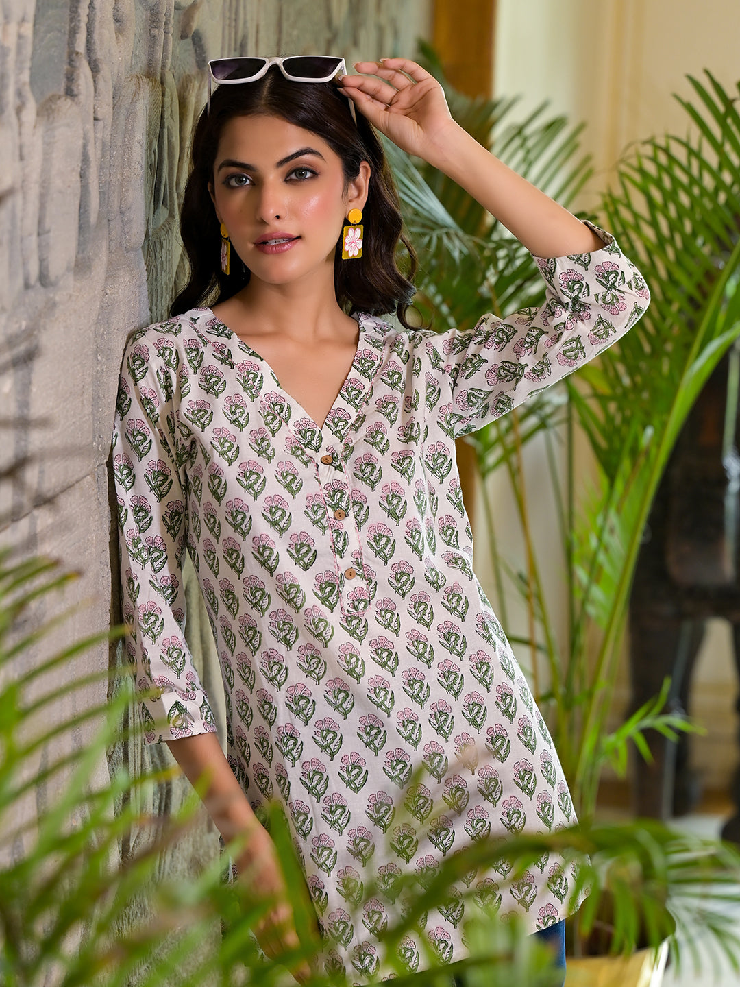White Floral Print Pure Cotton A-line Top — view 1