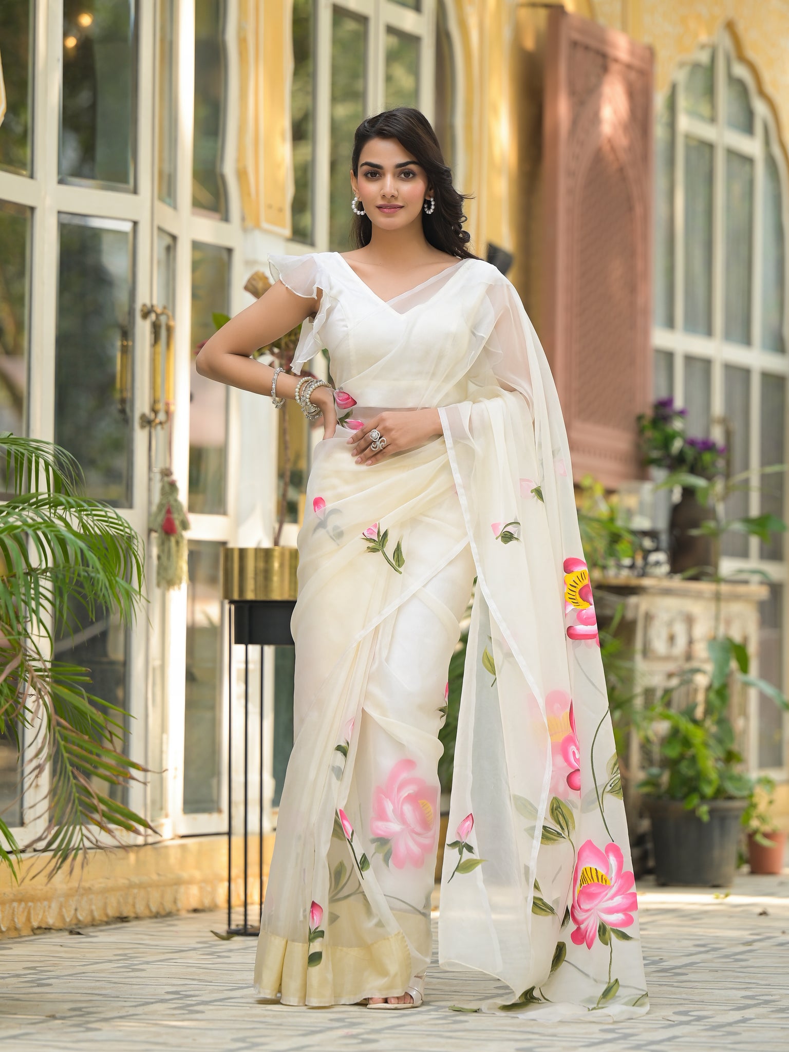 Divena Cream Hand-painted Organza Saree