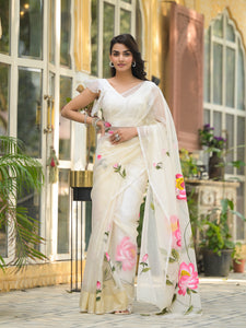 Divena Cream Hand-painted Organza Saree