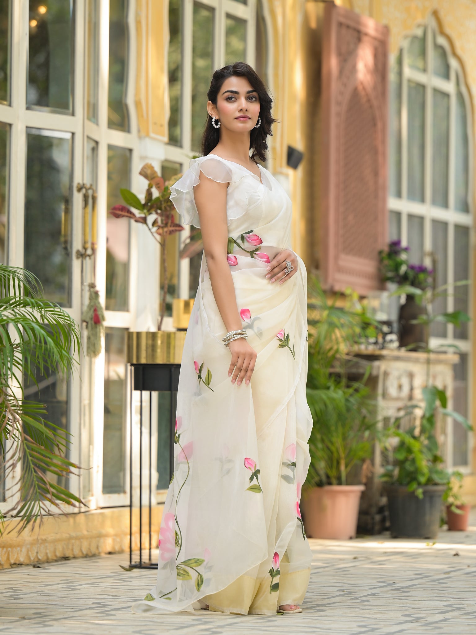 Divena Cream Hand-painted Organza Saree