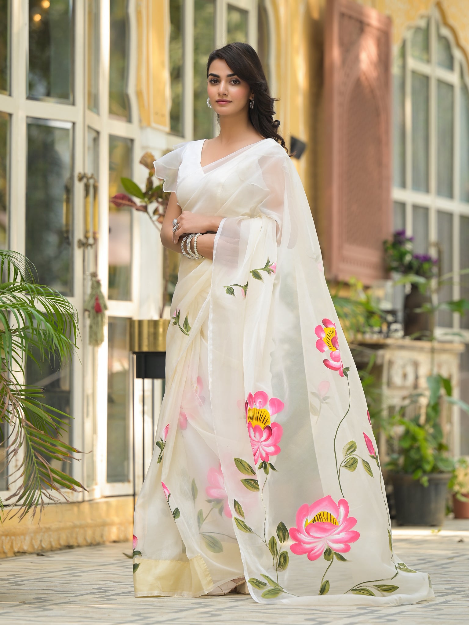 Divena Cream Hand-painted Organza Saree