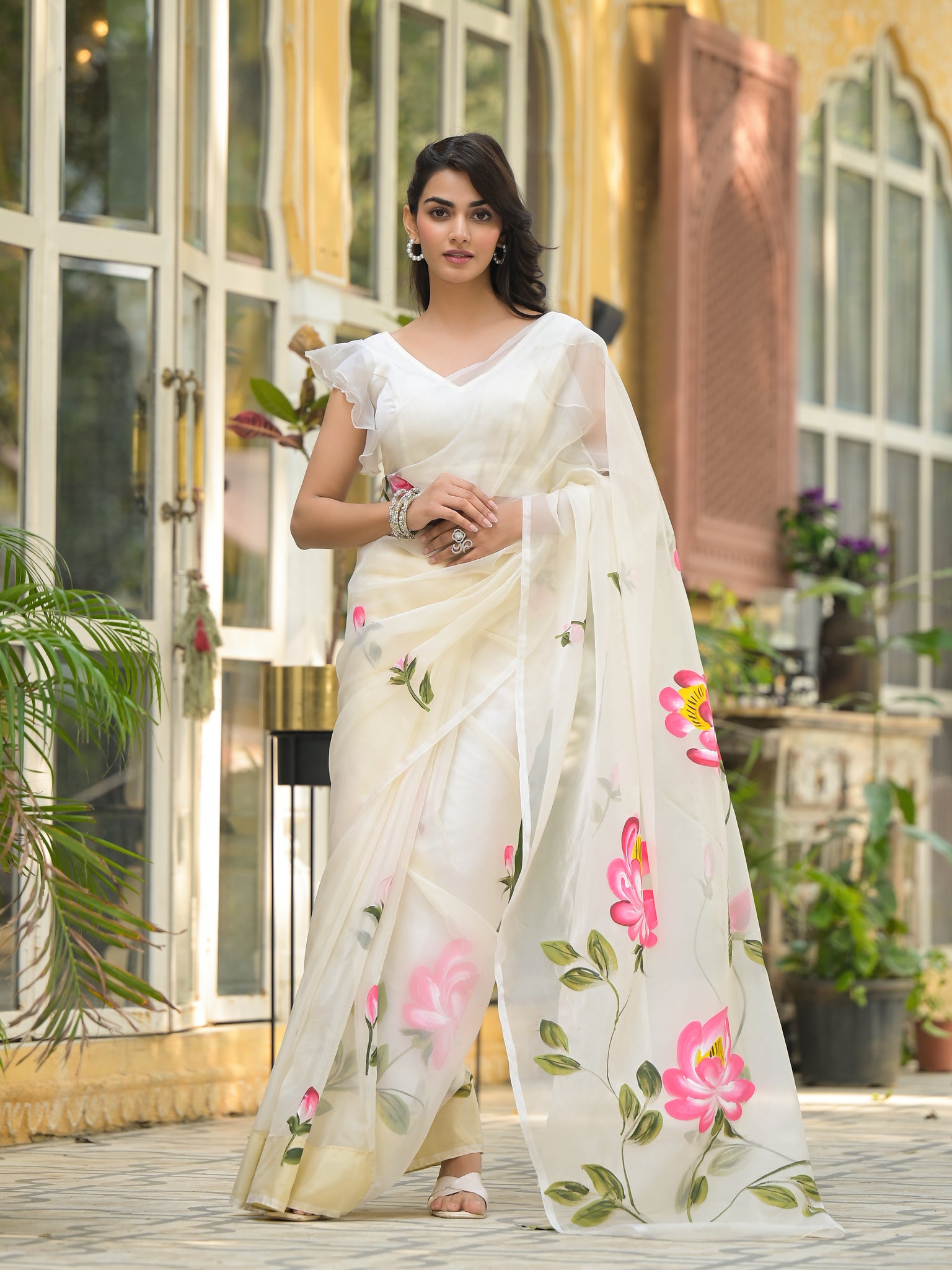 Divena Cream Hand-painted Organza Saree