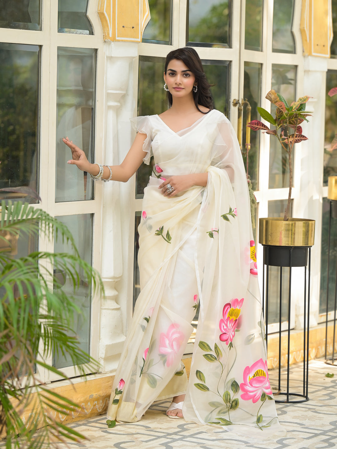 Cream Hand-painted Organza Saree — view 1