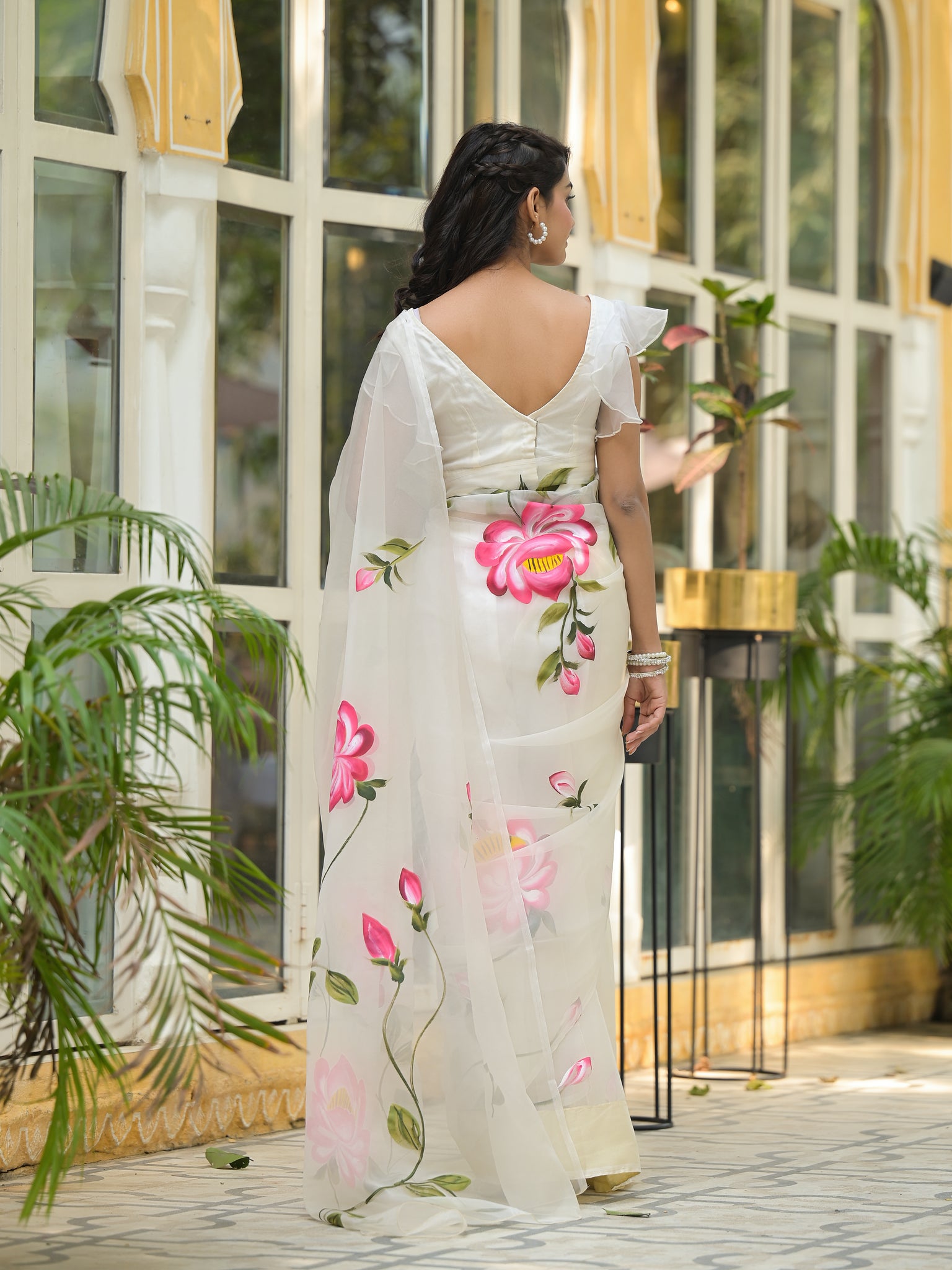 Divena Cream Hand-painted Organza Saree