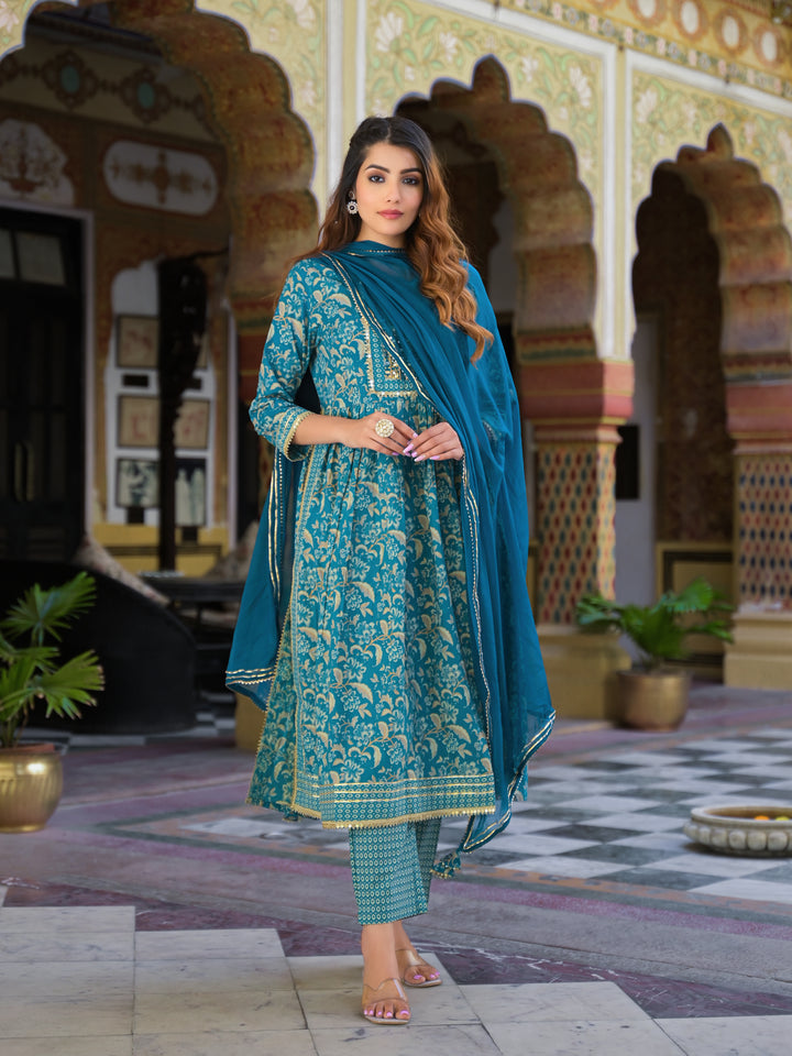 Divena Teal Green Floral Print Cotton Nyra Cut Kurta pants with Dupatta set