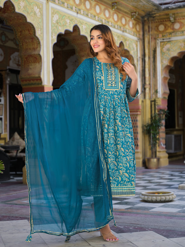 Divena Teal Green Floral Print Cotton Nyra Cut Kurta pants with Dupatta set