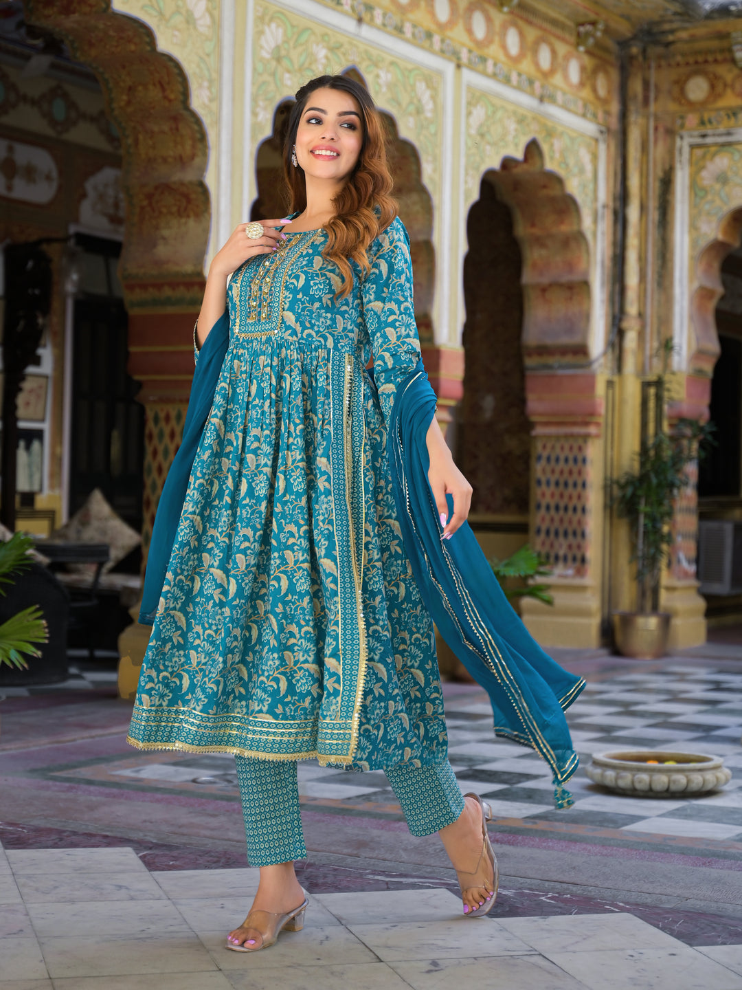 Divena Teal Green Floral Print Cotton Nyra Cut Kurta pants with Dupatta set