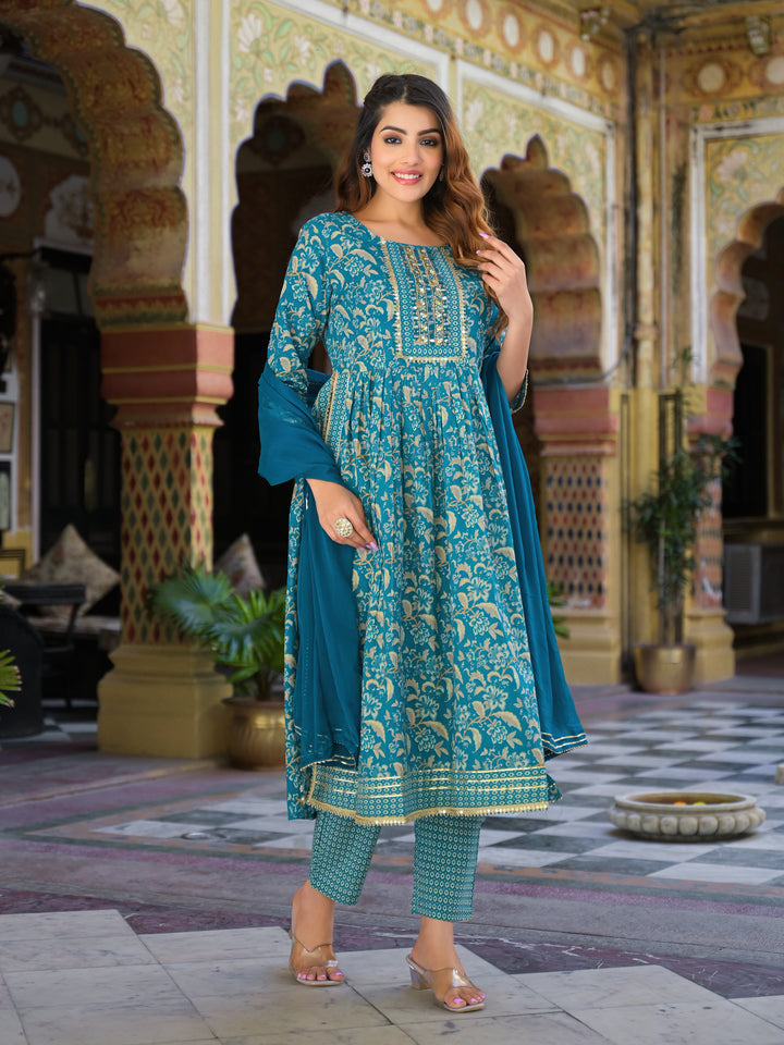 Divena Teal Green Floral Print Cotton Nyra Cut Kurta pants with Dupatta set