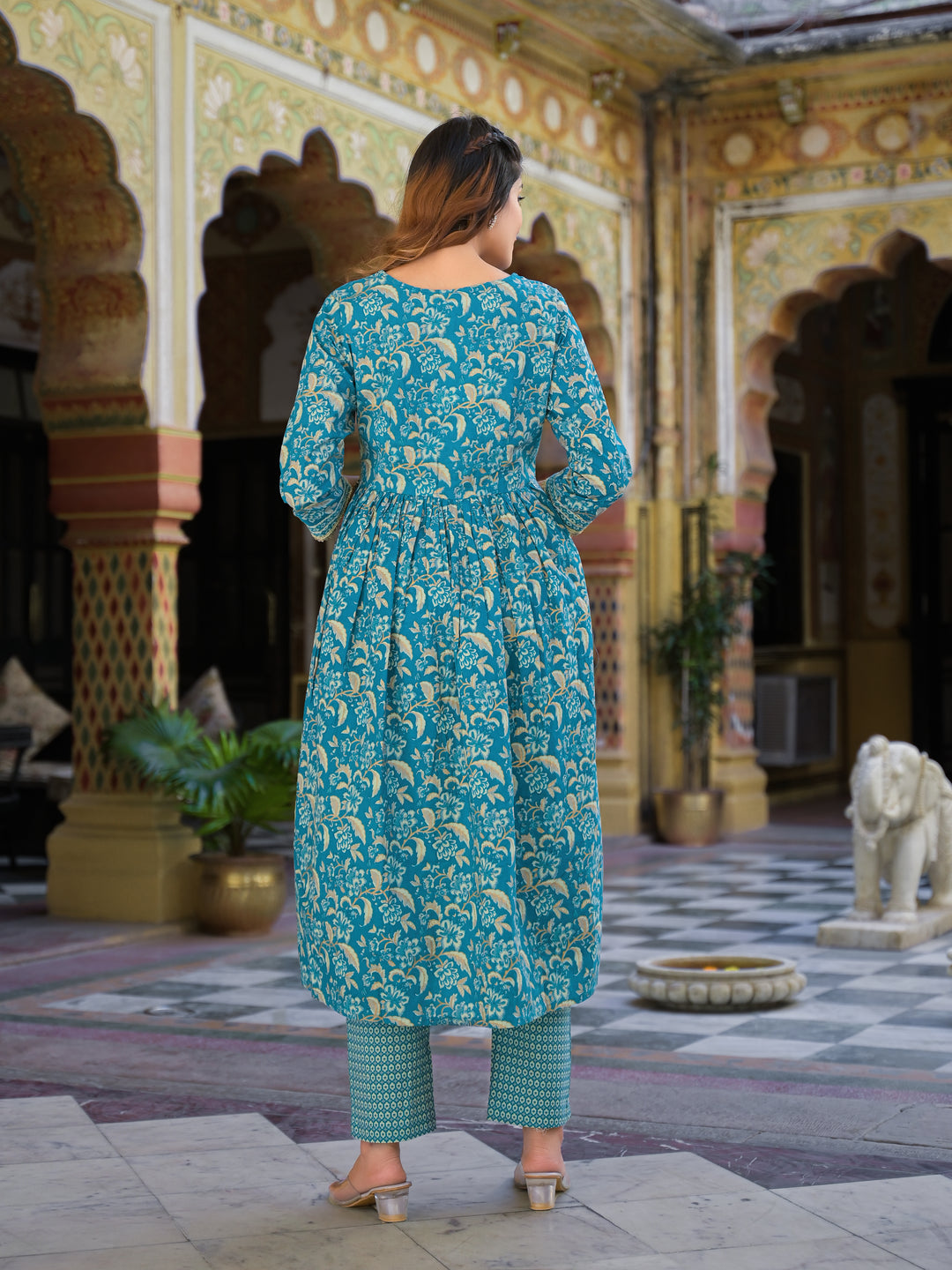 Divena Teal Green Floral Print Cotton Nyra Cut Kurta pants with Dupatta set