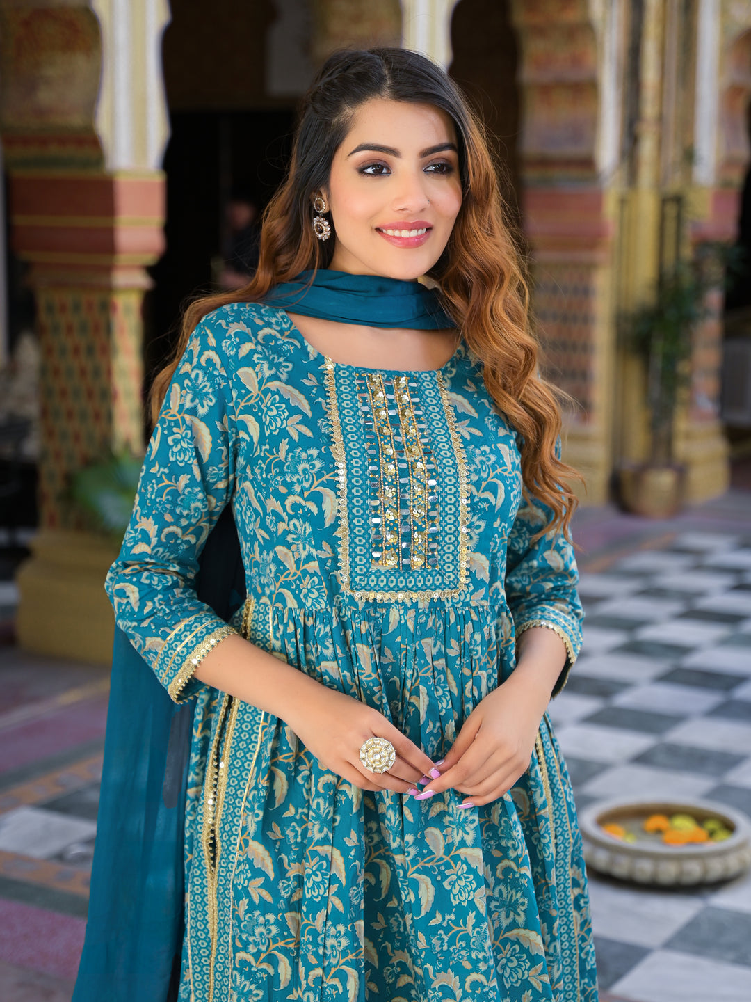 Divena Teal Green Floral Print Cotton Nyra Cut Kurta pants with Dupatta set