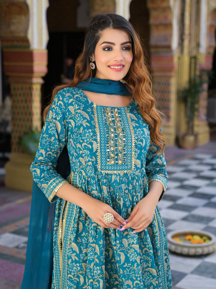 Divena Teal Green Floral Print Cotton Nyra Cut Kurta pants with Dupatta set