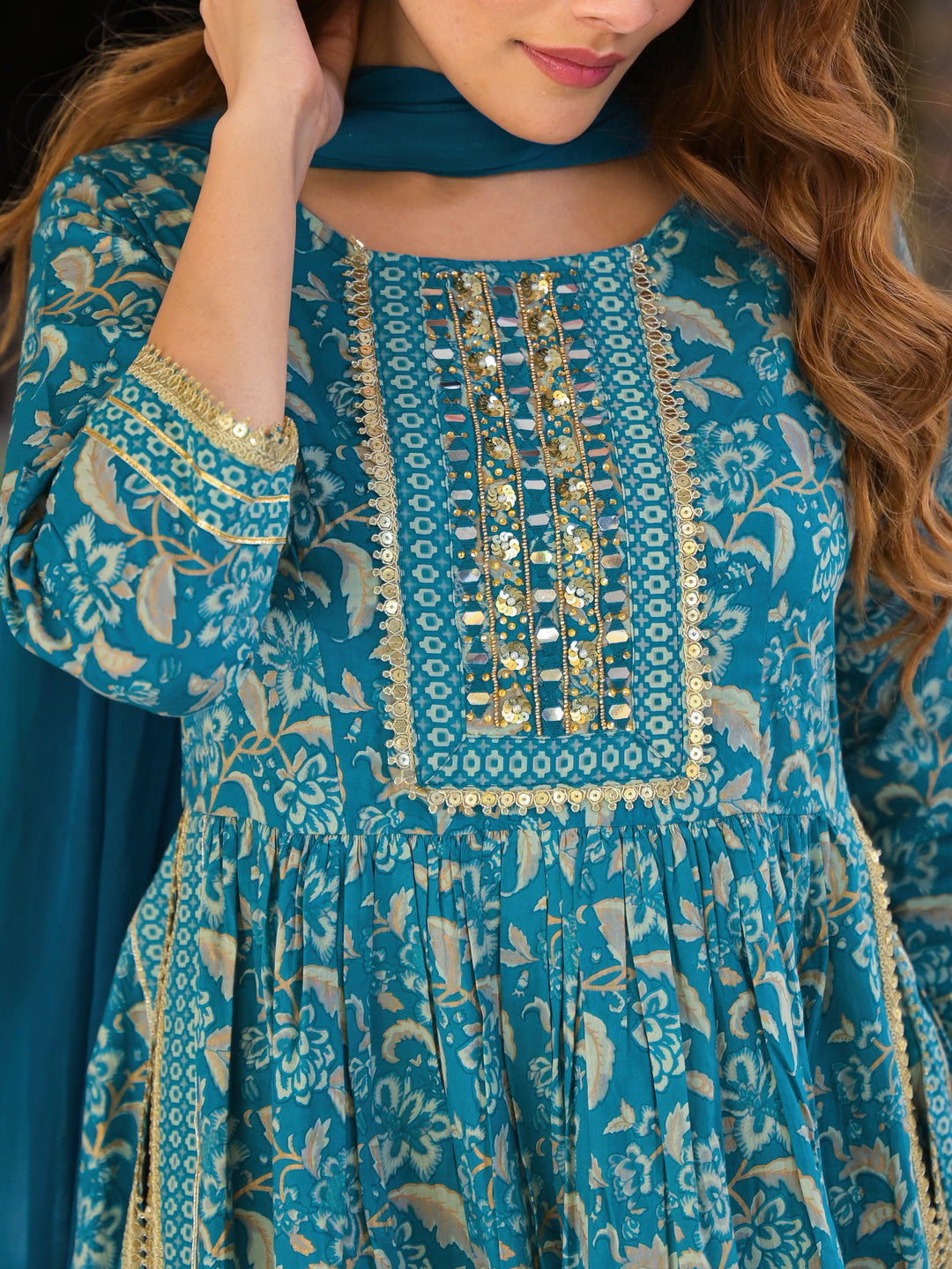 Divena Teal Green Floral Print Cotton Nyra Cut Kurta pants with Dupatta set