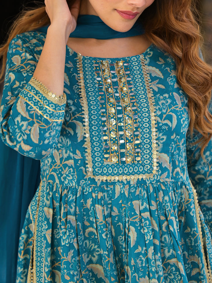 Divena Teal Green Floral Print Cotton Nyra Cut Kurta pants with Dupatta set