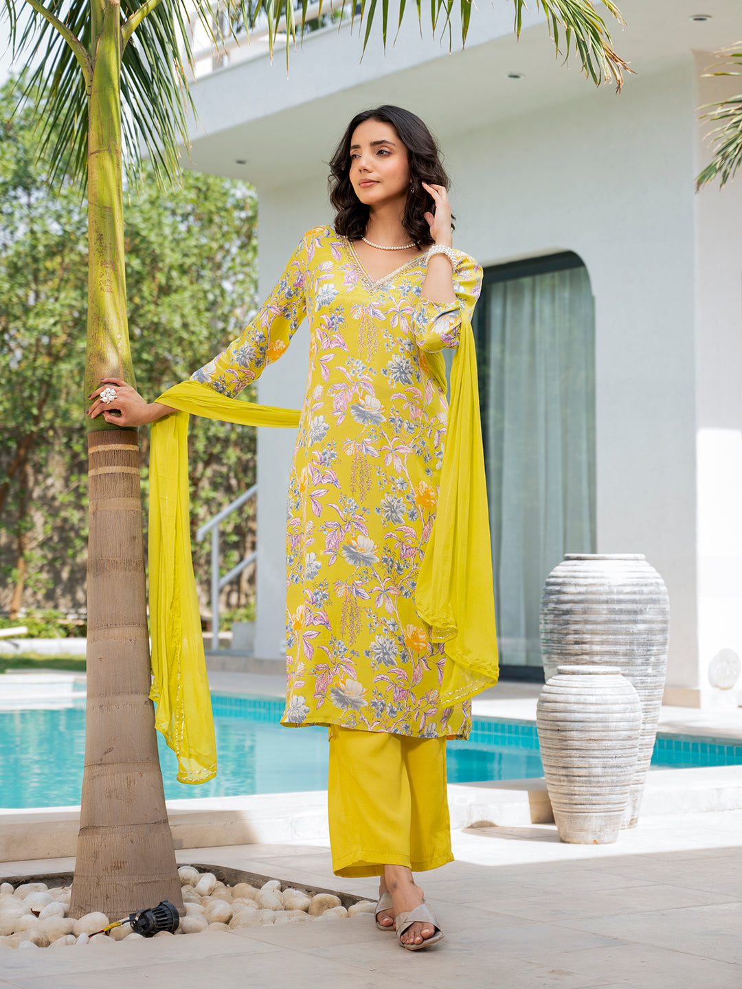 Yellow Embroidered Floral Print Muslin Kurta Set — view 1