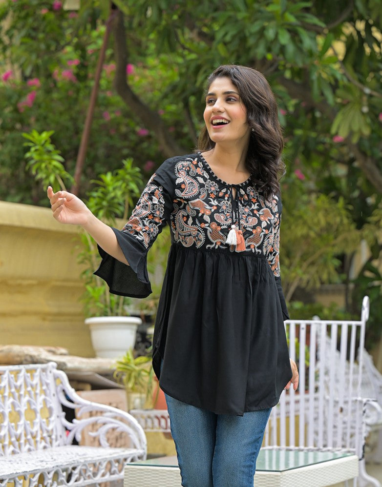 Black Embroidary Rayon Curved Hemline Top — view 1
