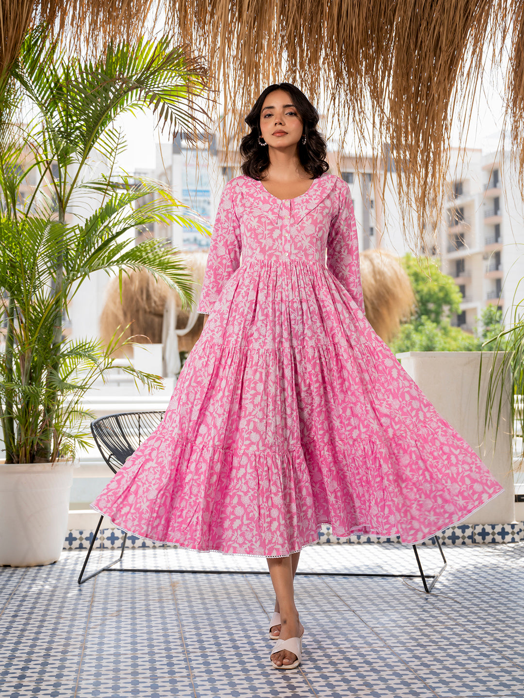 Divena Pink Floral Printed Collar Neck Calf length Cotton dress for Wo divena world Divena Pink Floral Printed Collar Neck Calf length Cotton dress for Wo divena world