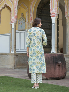 Divena Green Floral Print Pure Cotton Straight Kurta with Trouser