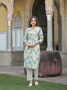 Divena Green Floral Print Pure Cotton Straight Kurta with Trouser