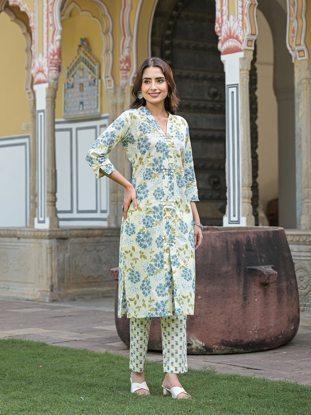 Divena Green Floral Print Pure Cotton Straight Kurta with Trouser