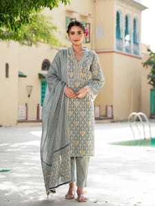 Divena Grey Floral Print Pure Cotton Straight Kurta & Trouser with Dupatta