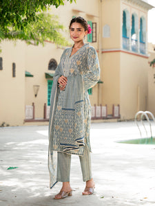 Divena Grey Floral Print Pure Cotton Straight Kurta & Trouser with Dupatta