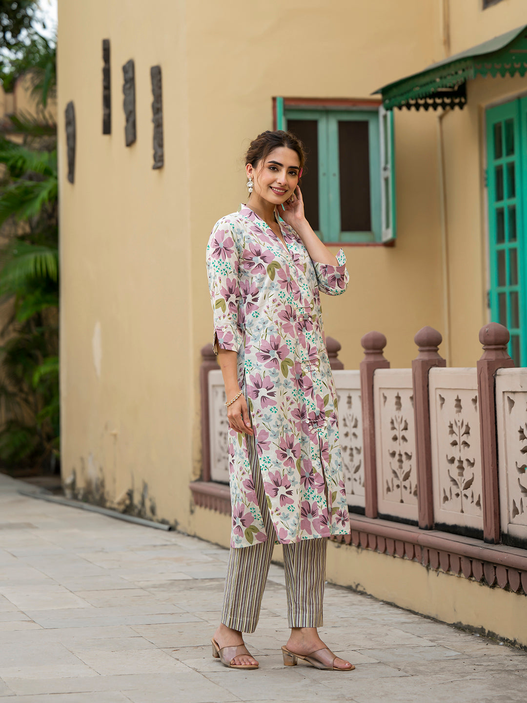 Divena Lavender Floral Print Pure Cotton Straight Kurta with Trouser