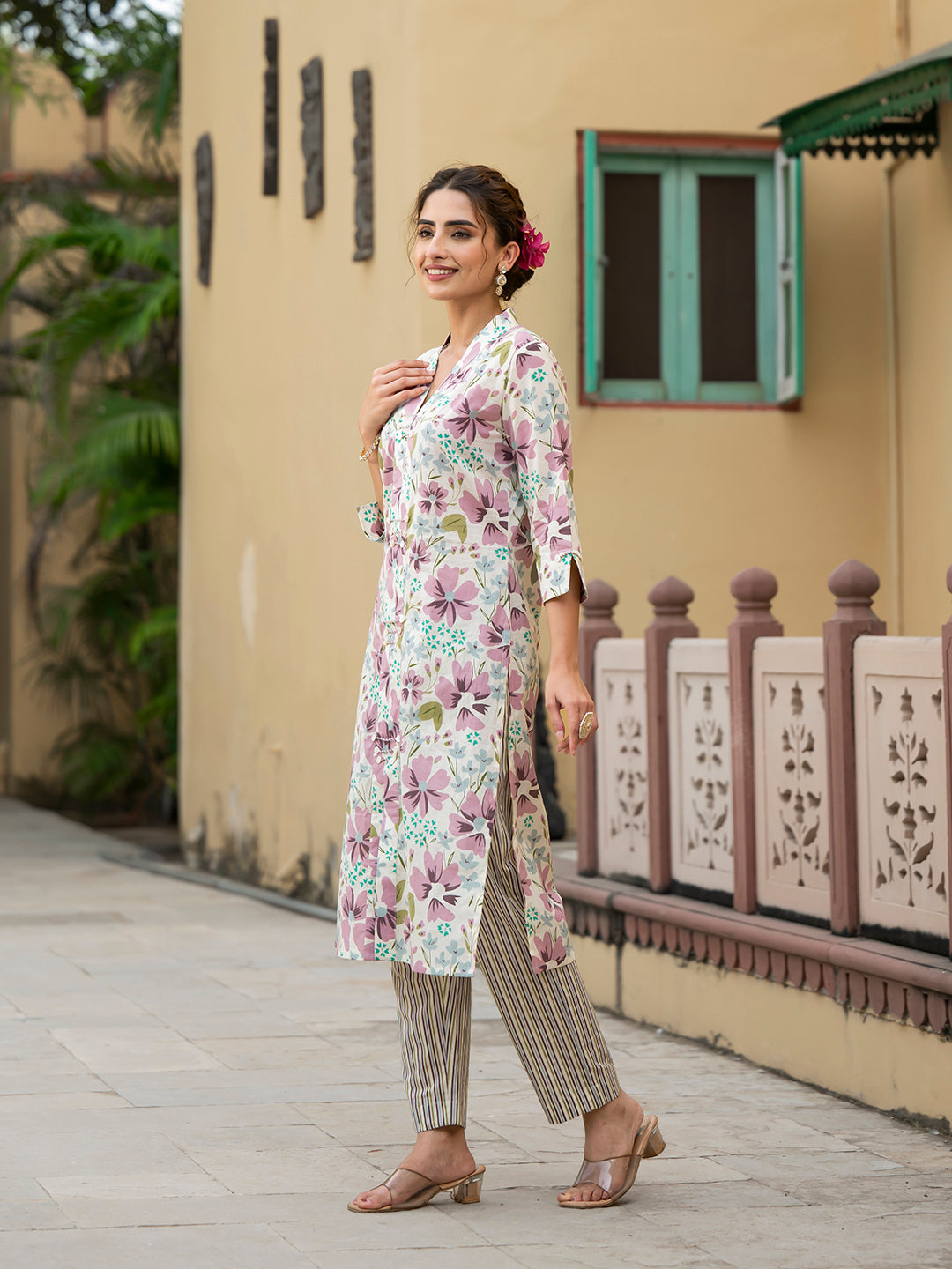 Divena Lavender Floral Print Pure Cotton Straight Kurta with Trouser