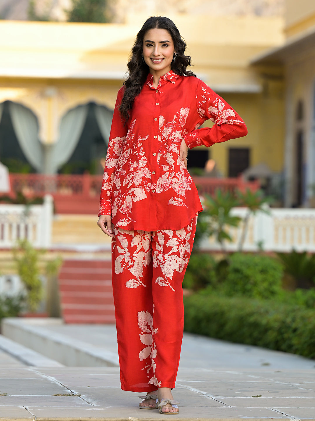 Divena Red Hand Painted Women Muslin Co-ord Set