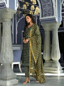 Divena Green Ethnic Printed Chanderi Silk Kurta Trouser with Dupatta Set