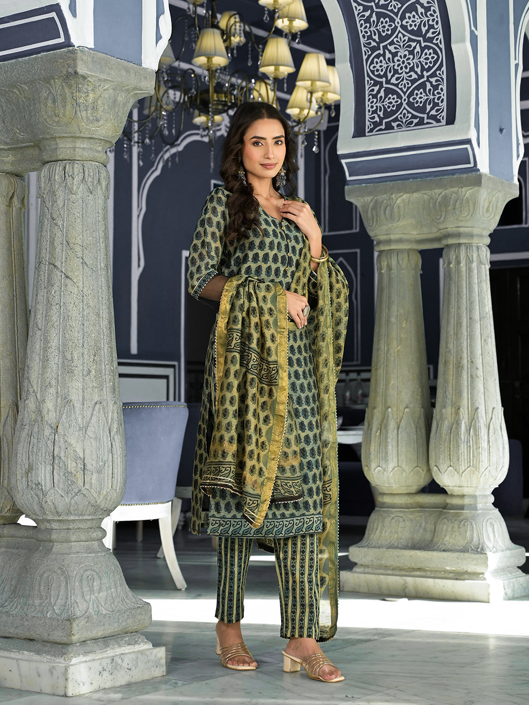 Green Ethnic Printed Chanderi Silk Kurta Trouser with Dupatta Set — view 1