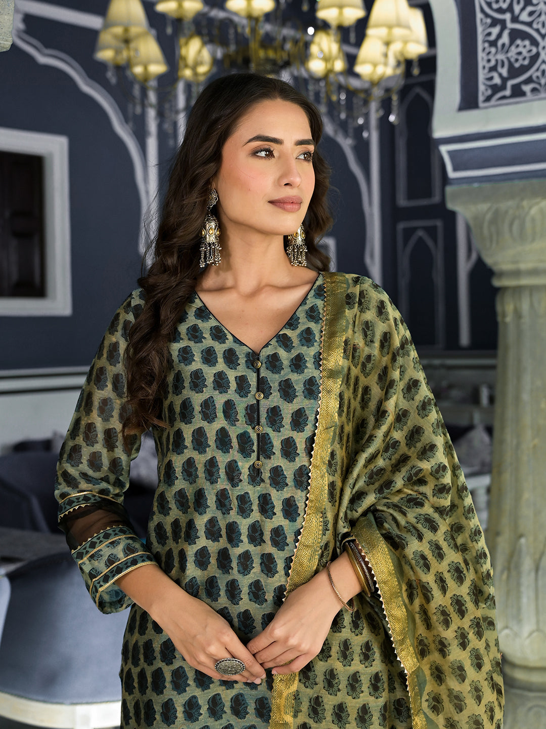 Divena Green Ethnic Printed Chanderi Silk Kurta Trouser with Dupatta Set