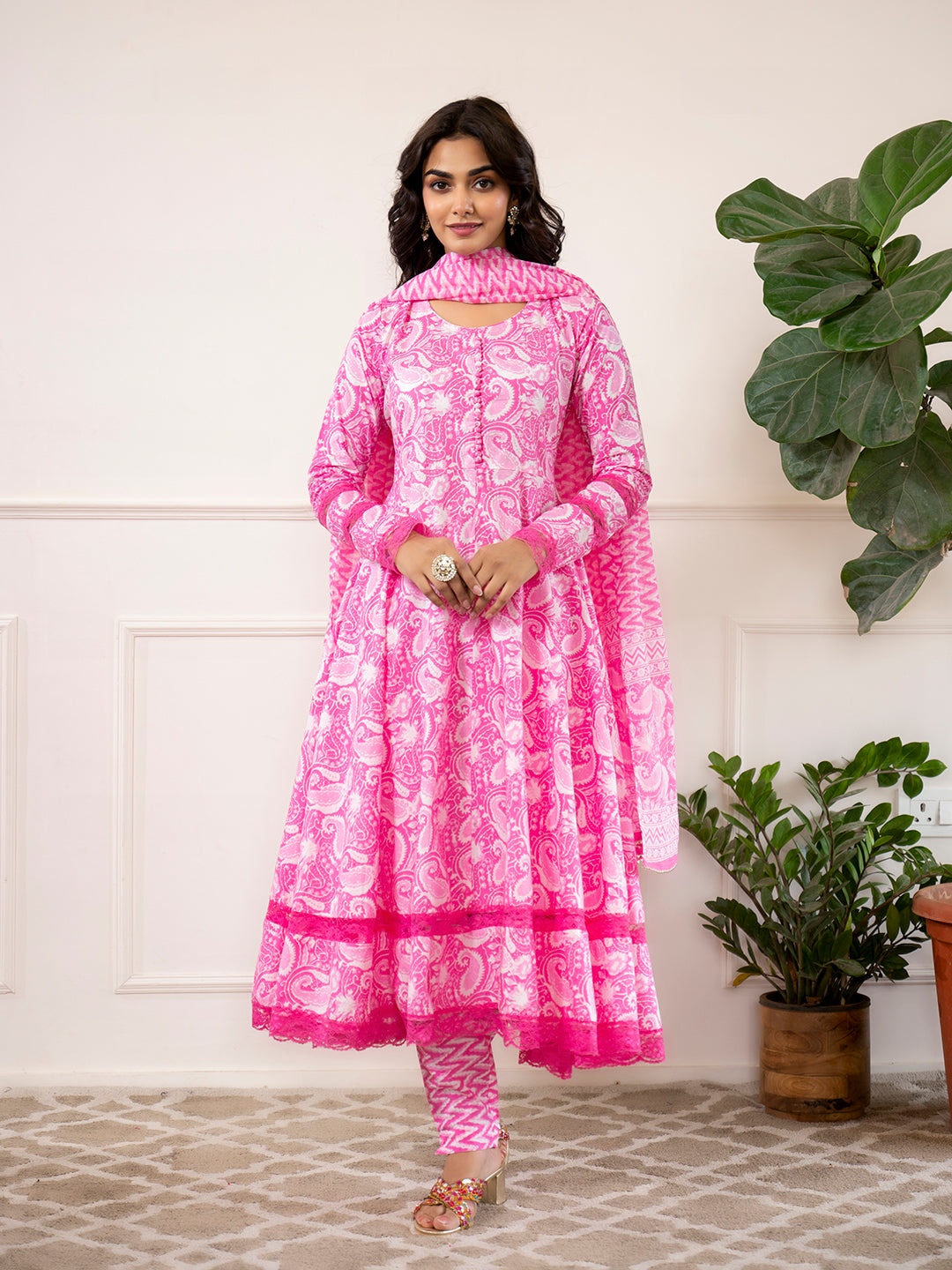 Divena Pink Floral Print Cotton Anarkali Kurta Trouser with Dupatta Set