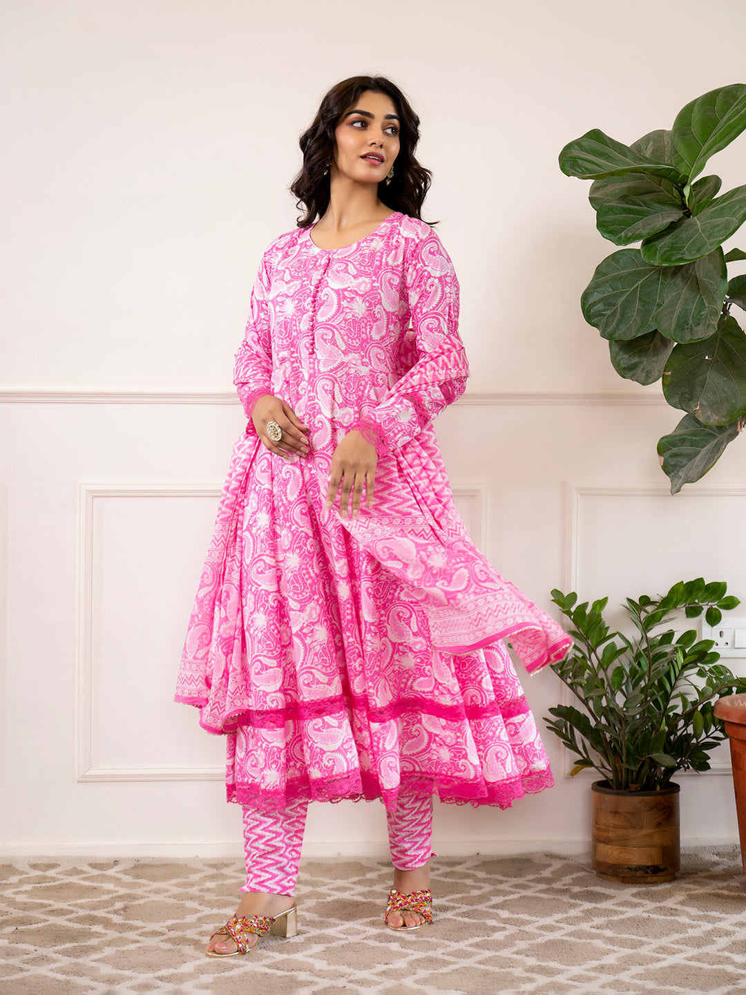 Pink Floral Print Cotton Anarkali Kurta Trouser with Dupatta Set — view 1