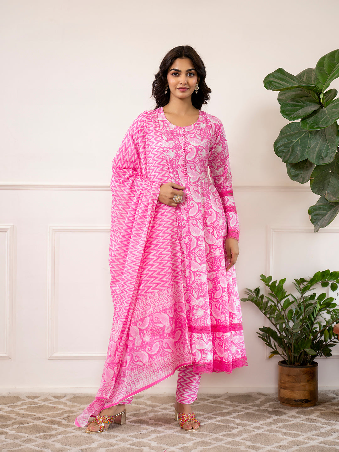 Divena Pink Floral Print Cotton Anarkali Kurta Trouser with Dupatta Set