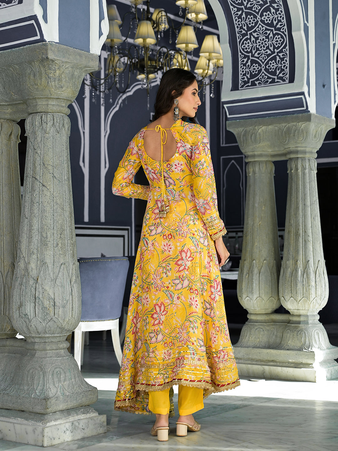 Divena Yellow Floral Printed Anarkali Muslin Kurta Trouser with Dupatta Set
