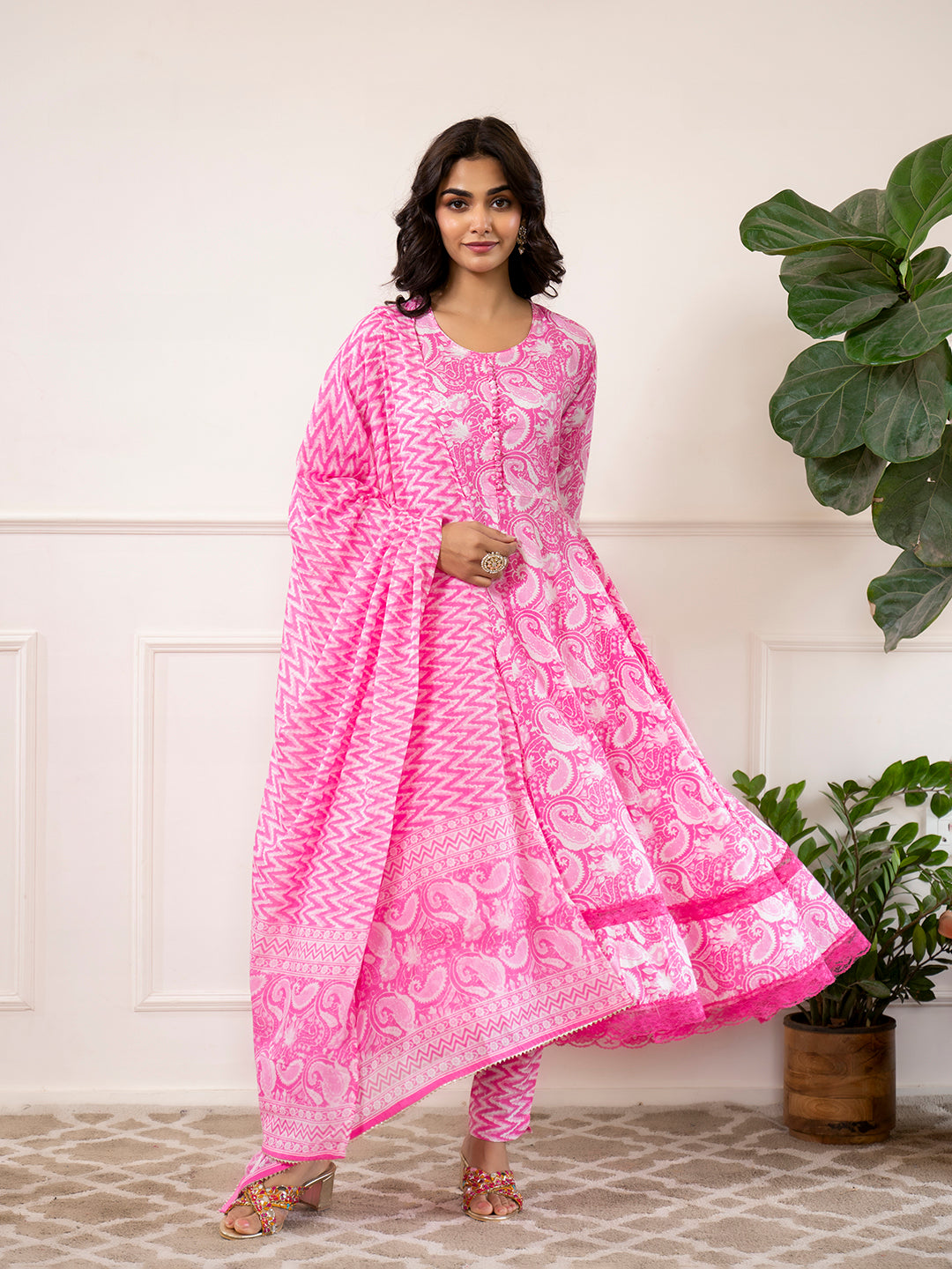 Divena Pink Floral Print Cotton Anarkali Kurta Trouser with Dupatta Set