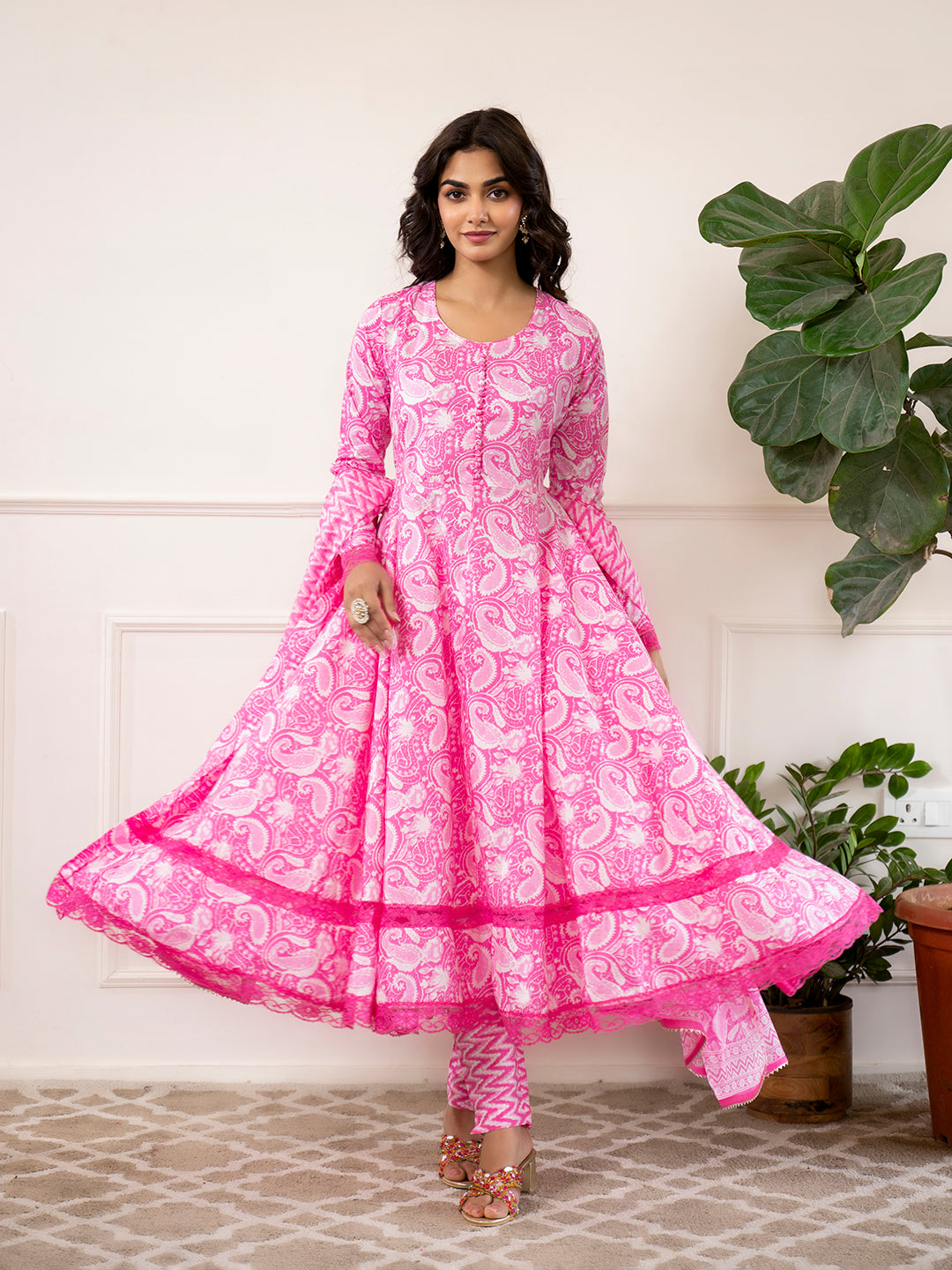 Divena Pink Floral Print Cotton Anarkali Kurta Trouser with Dupatta Set