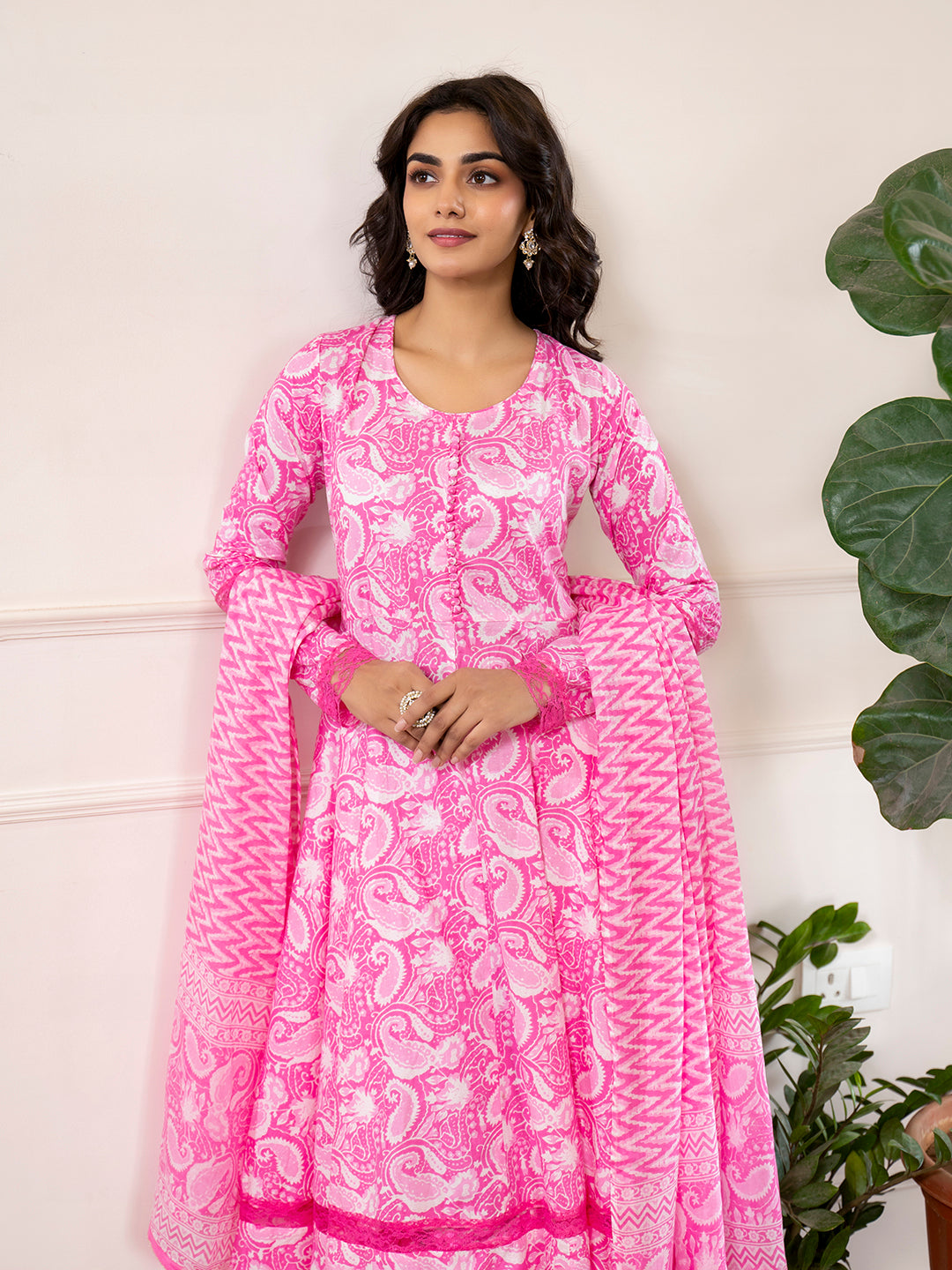 Divena Pink Floral Print Cotton Anarkali Kurta Trouser with Dupatta Set