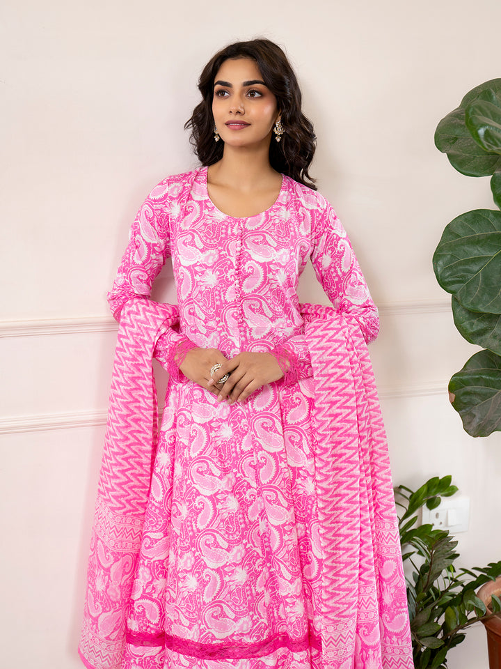 Divena Pink Floral Print Cotton Anarkali Kurta Trouser with Dupatta Set